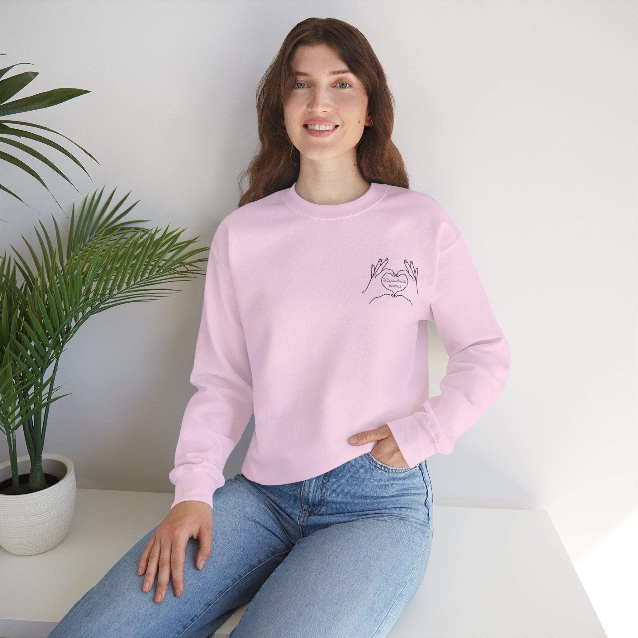 Approach with kindness Minimal Line Art Heart Hands Crewneck Sweatshirt